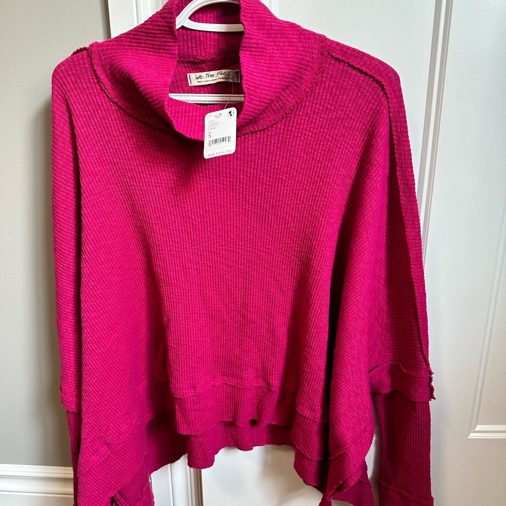 NWT Free People Magenta Distressed Long Sleeve Top with Cowl Neck